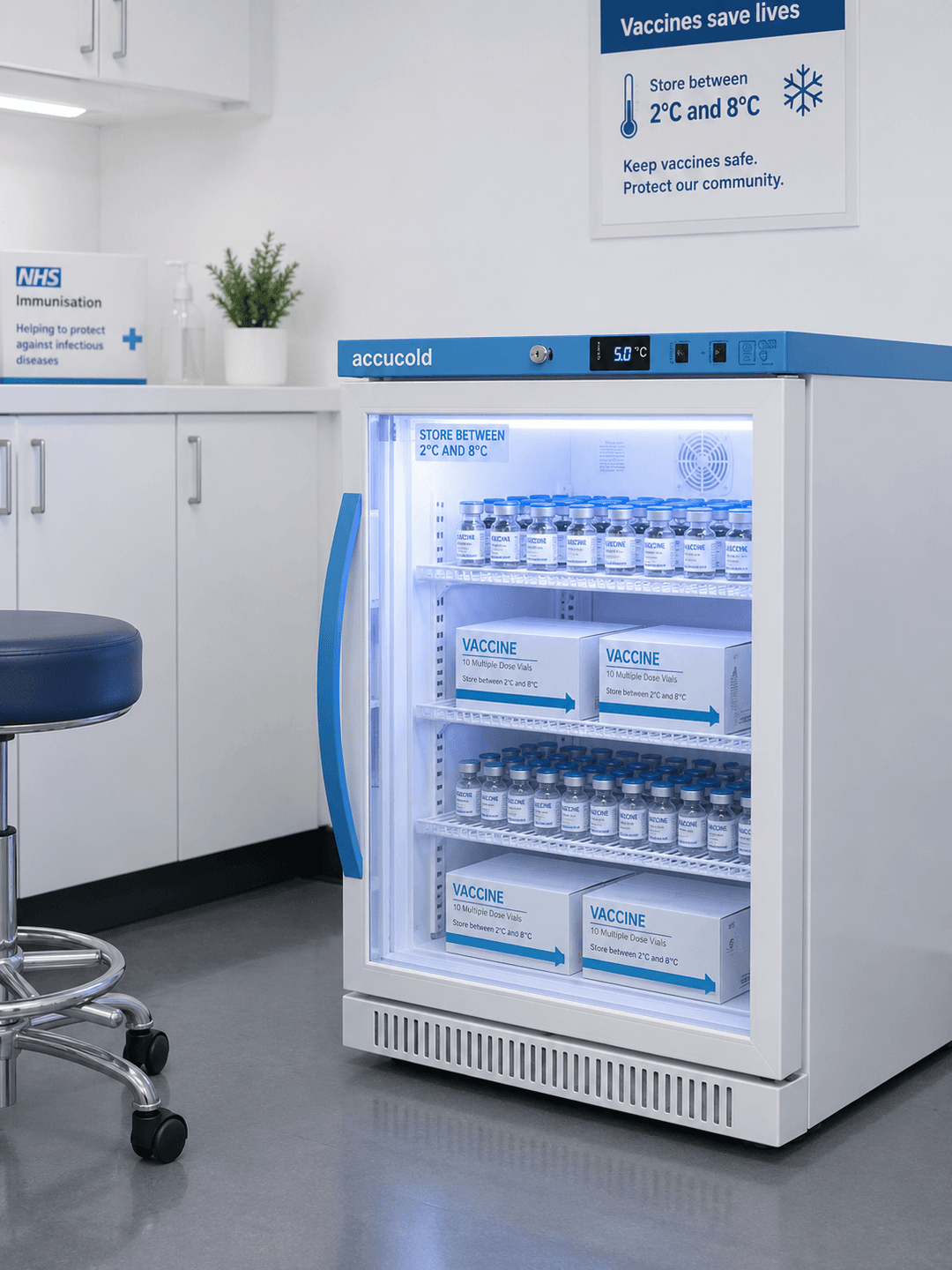 Vetlyf medical fridge storing vaccine vials at 2°C to 8°C