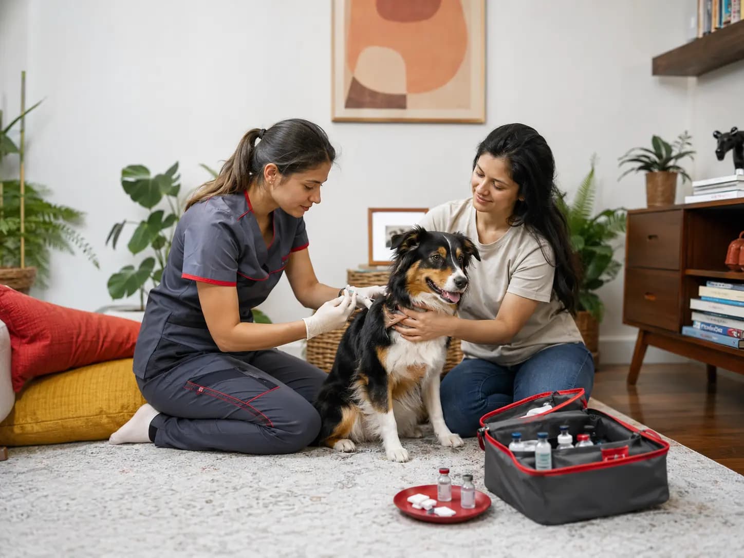 Veterinarian giving a pet vaccination at home