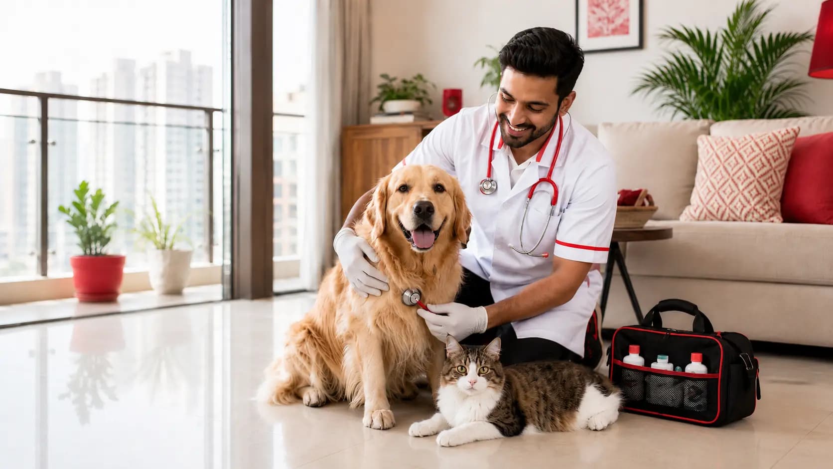 Veterinarian examining a pet during an at-home health checkup